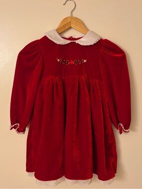 Girls Red Velvet Collar Puff Sleeve Floral Dress Size 5 Special Occasion Holiday